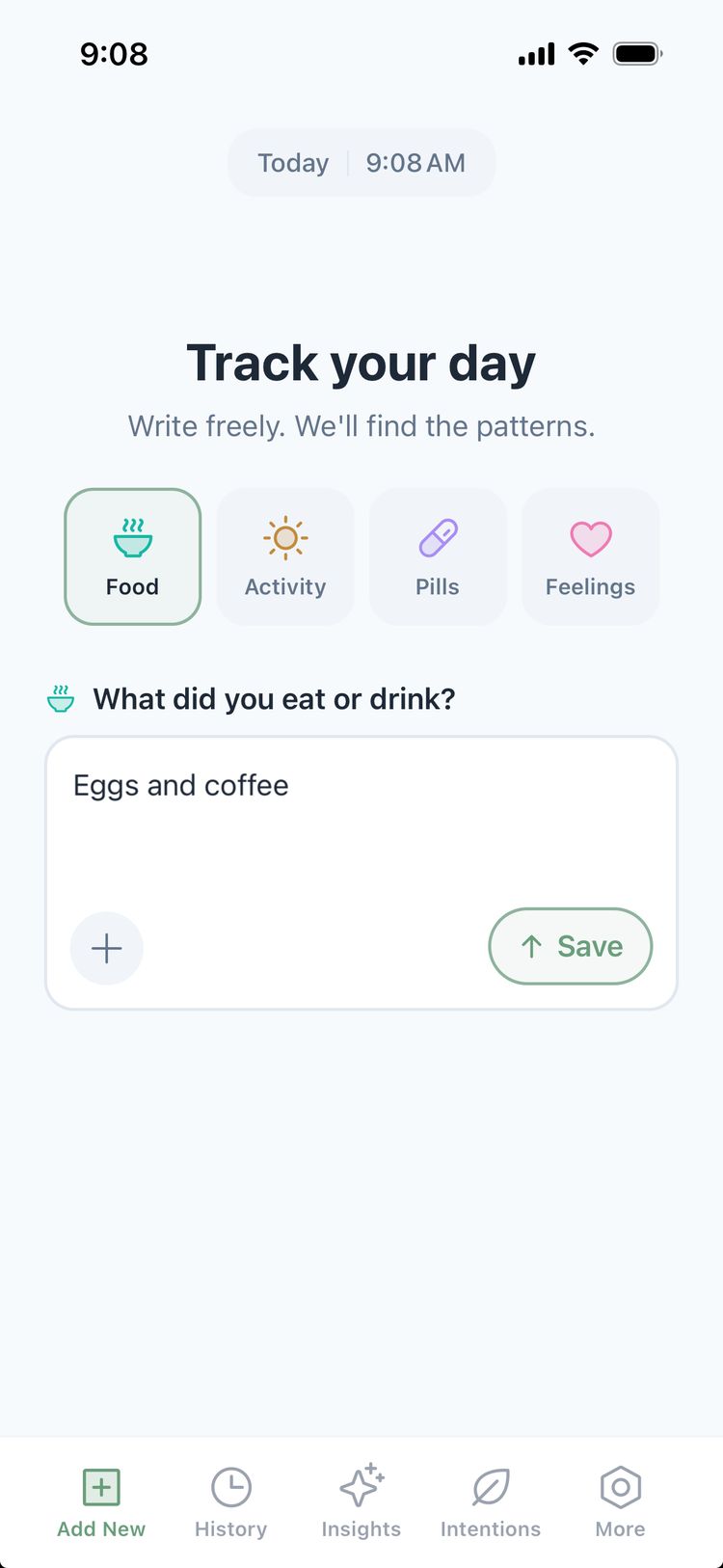 Histamine Tracker app - Track your day screen